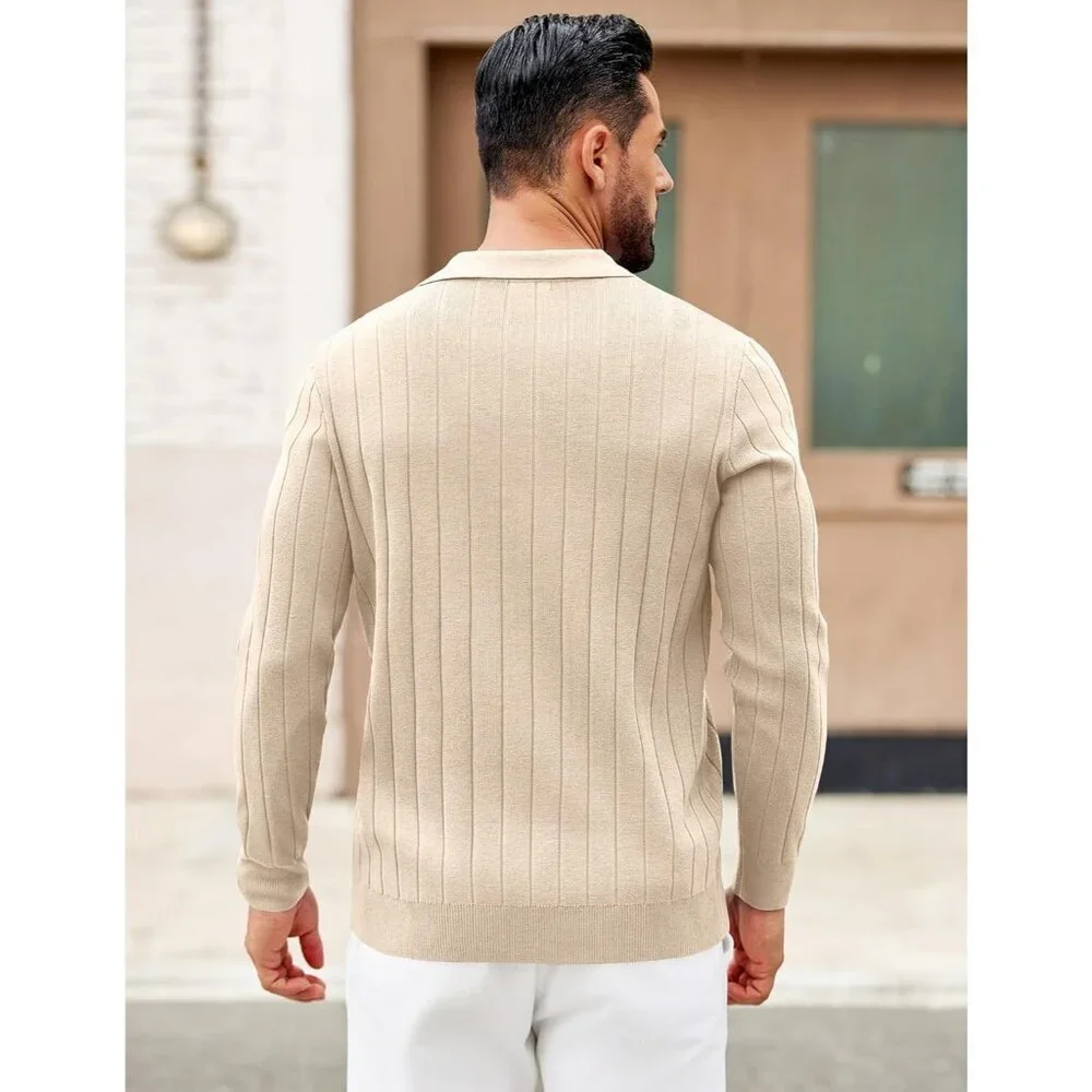Coofandy Men Cream Polo Long Sleeve V Neck Knit Lightweight Pullover Sweater